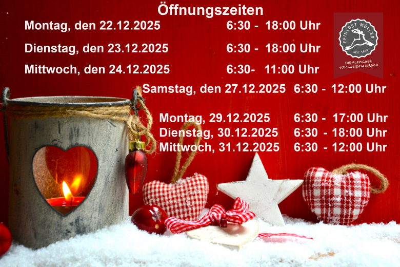 Öffnungszeiten zu Weihnachten und Silvester